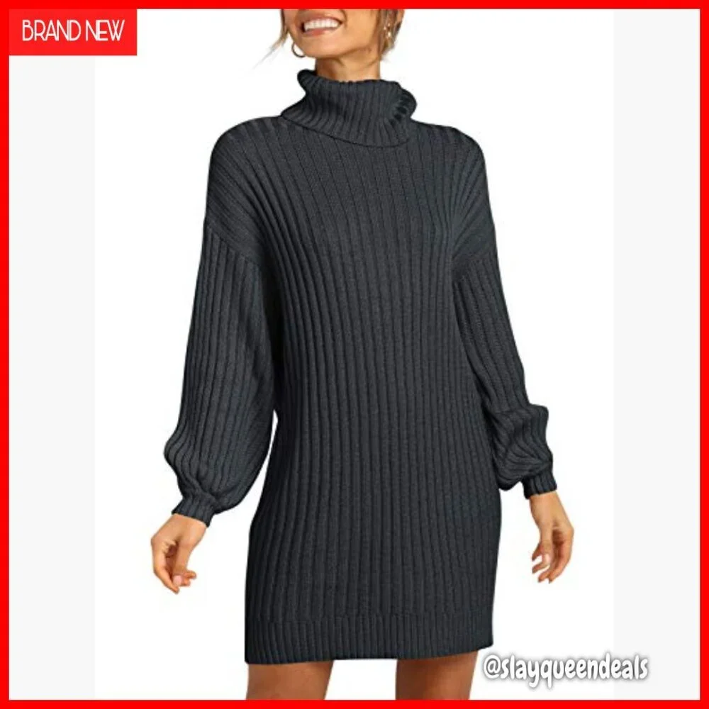 Oversized Turtleneck Sweater Dress Batwing Sleeve Ribbed Knit Casual